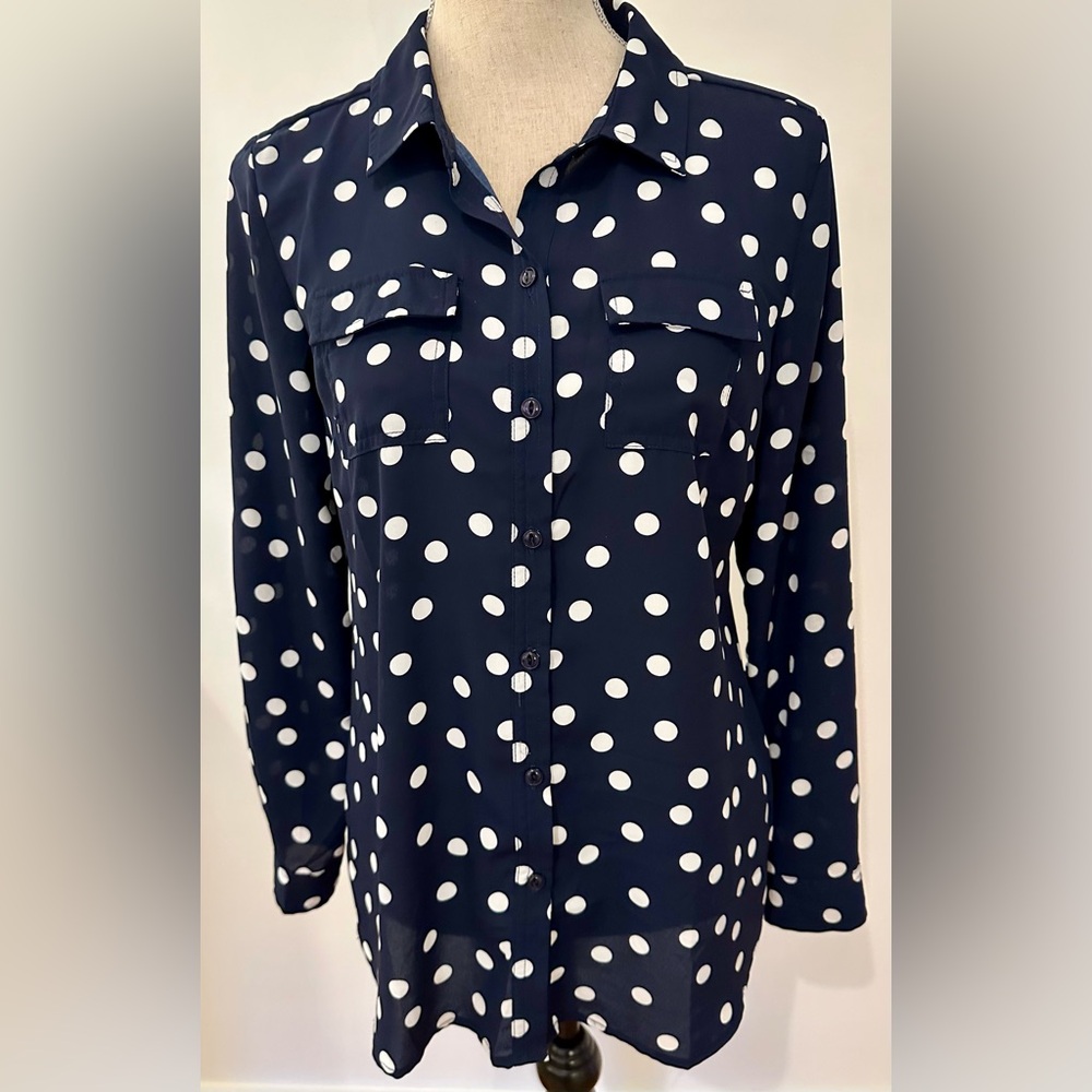 Roz&Ali Navy White Polka Dot Button Blouse 6 Business Casual Classic Liteweight